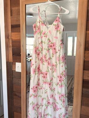 Sleeveless White Maxi Dress with Pink Floral Print